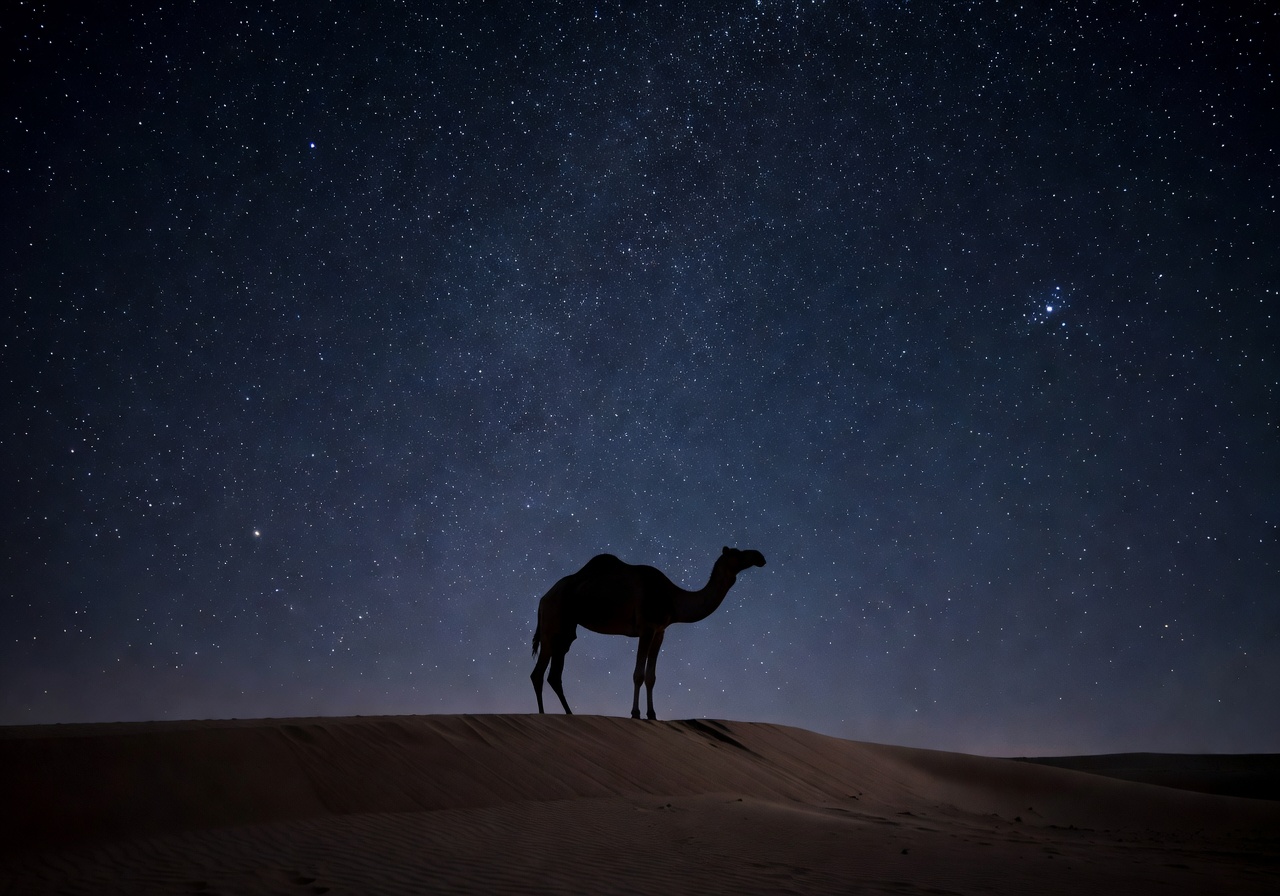 Camel silhouette against starry desert sky