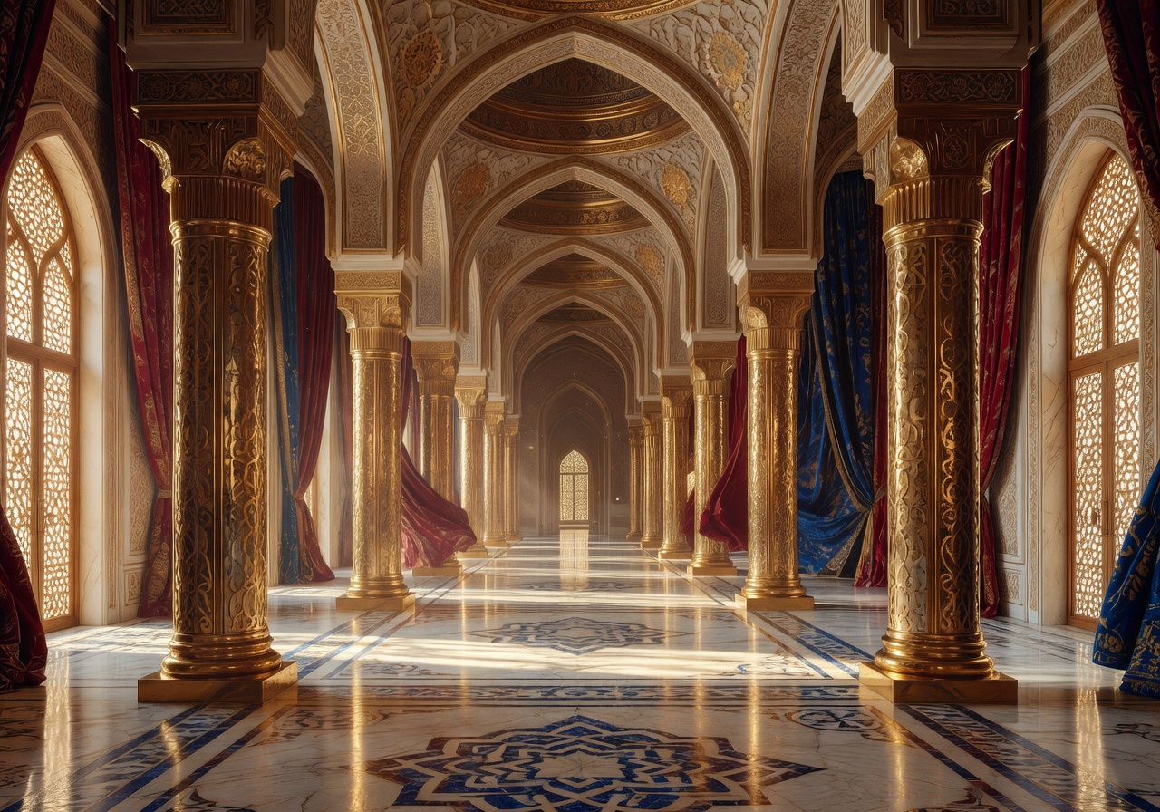 Cinematic Arabian palace interior with golden columns