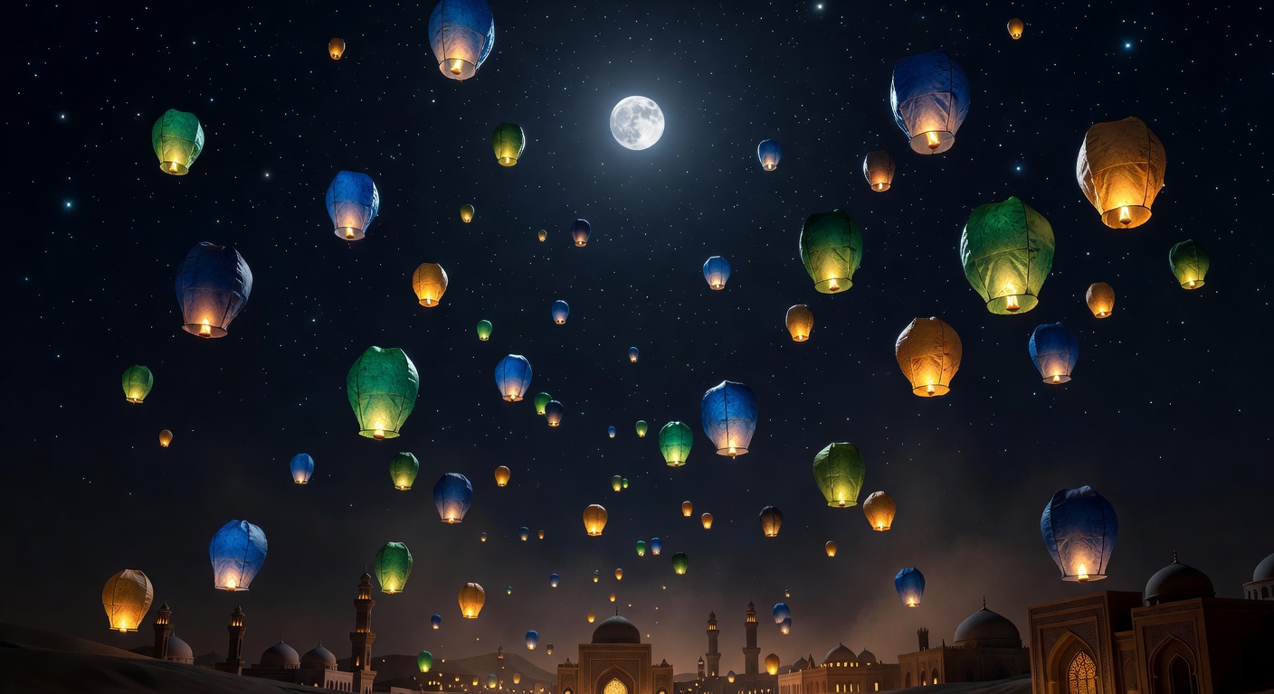 Floating lanterns in Arabian night sky