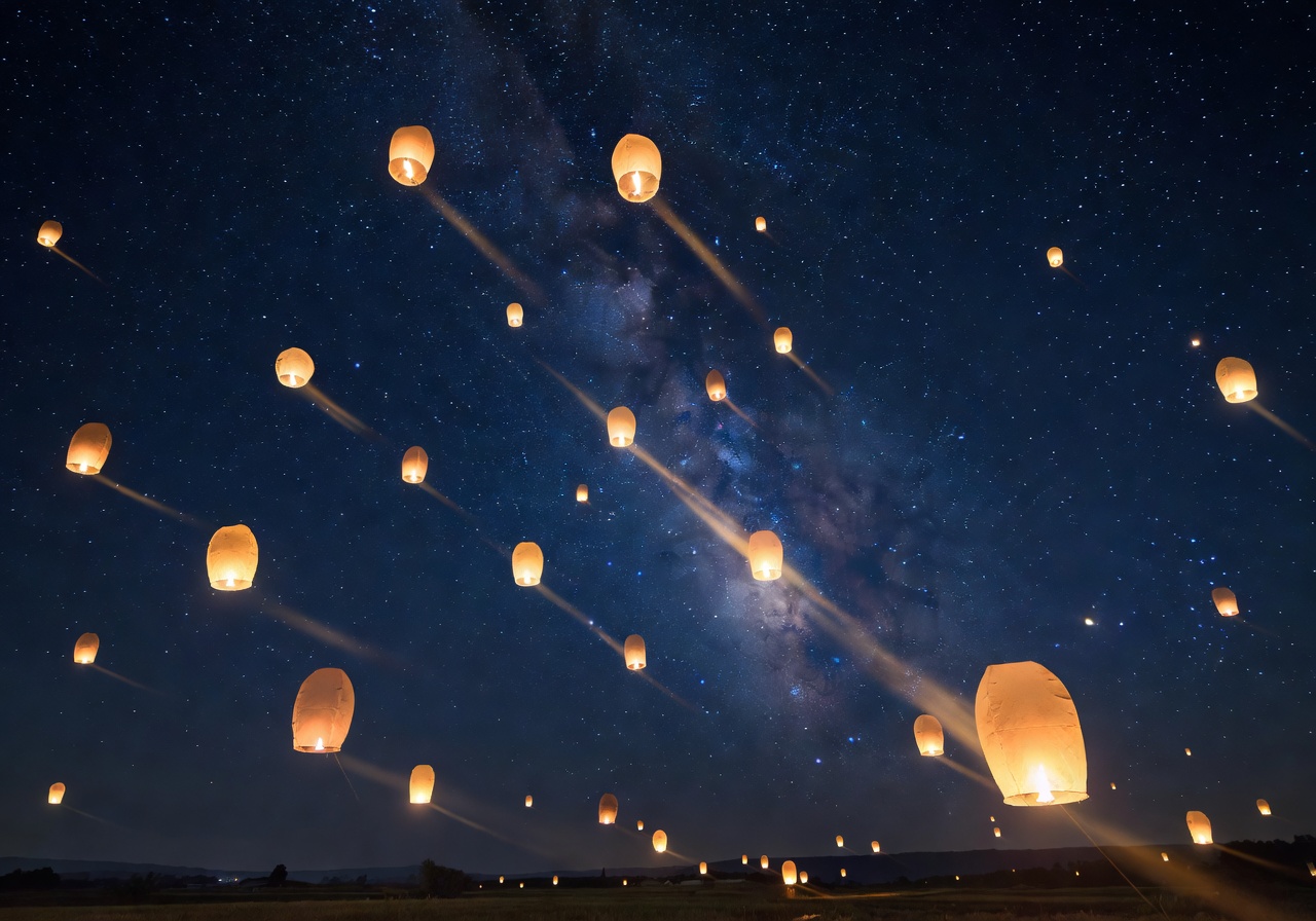 Floating lanterns rising into starry night sky