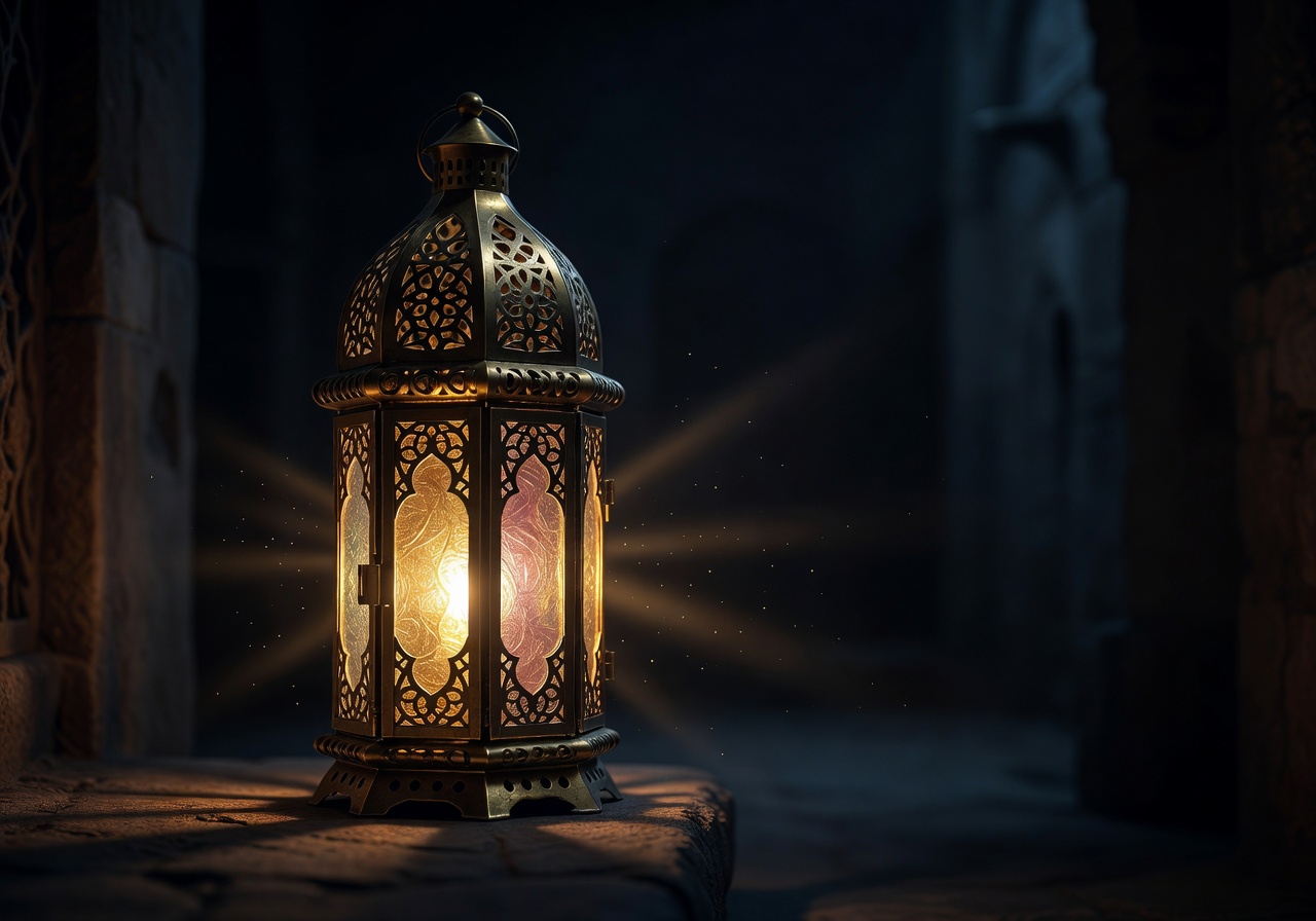 Glowing Arabian lantern in dark night