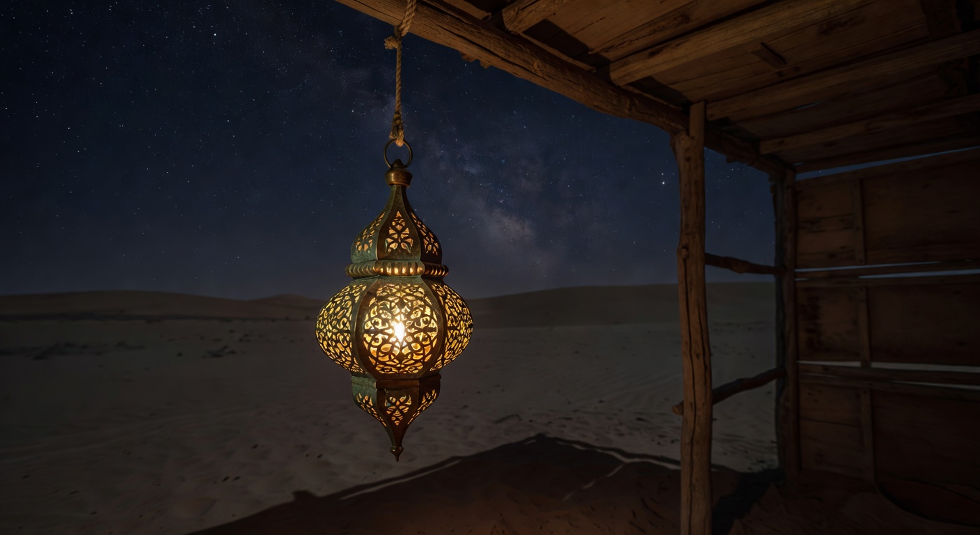 Glowing Arabian lantern in night