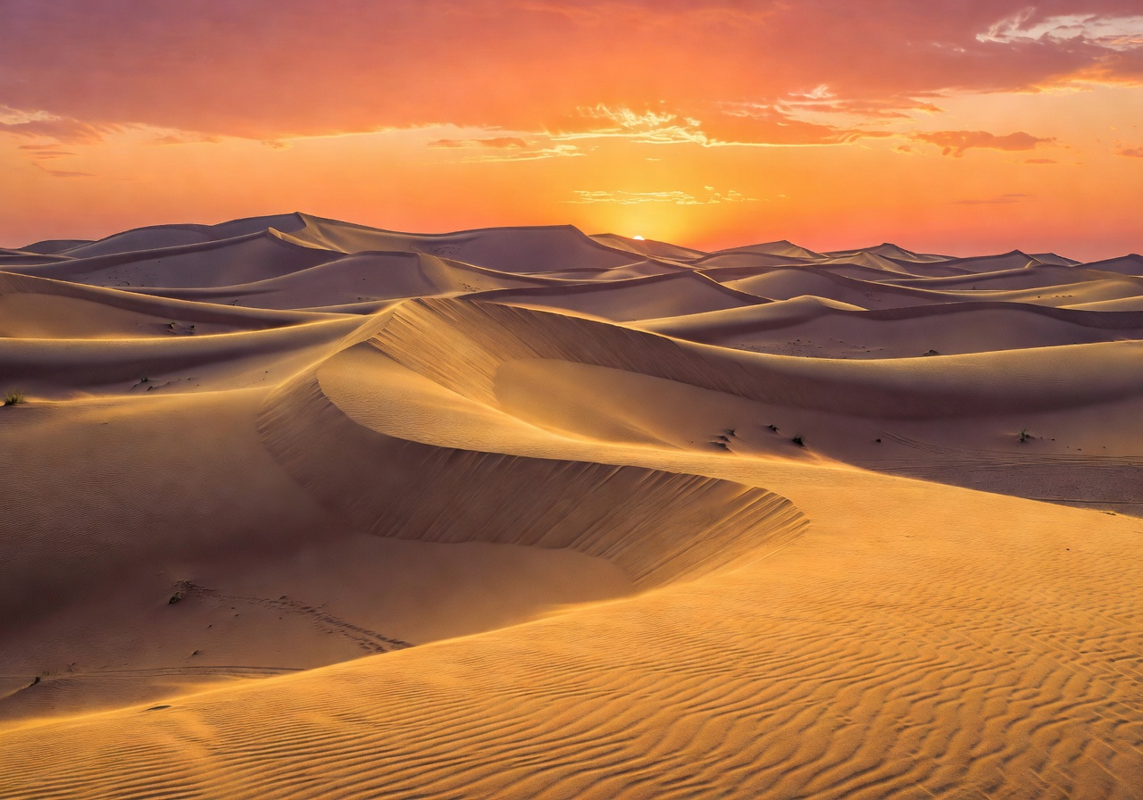 Golden desert dunes at sunset