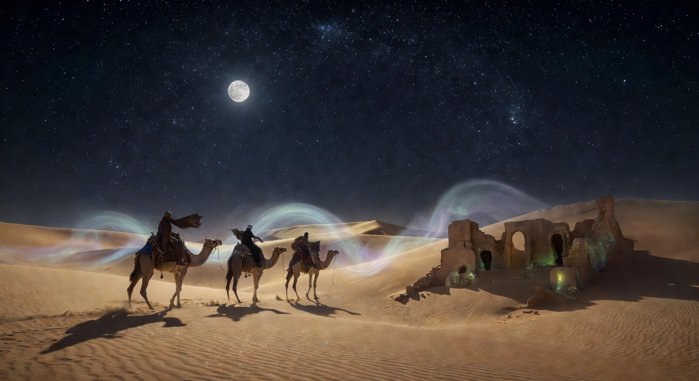 Arabian desert at night with glowing moon and golden dunes