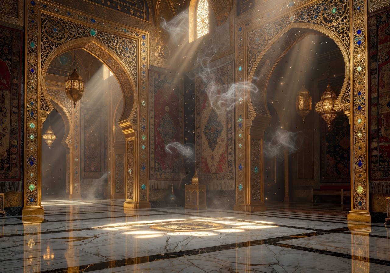 Mystical Arabian palace interior with golden archways